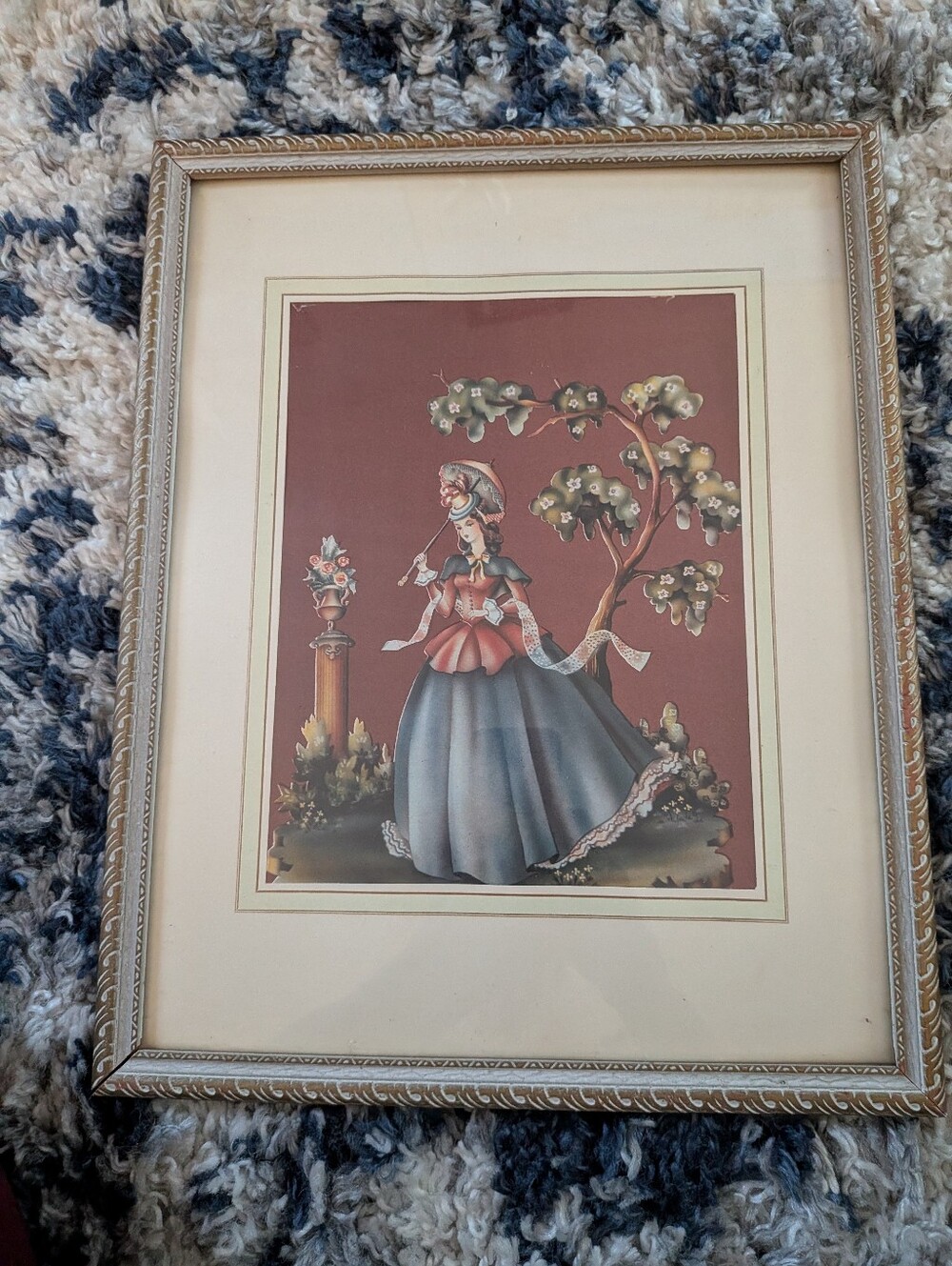 Framed Vintage Lady Portrait Art Print in Red and Blue 1940s Victorian